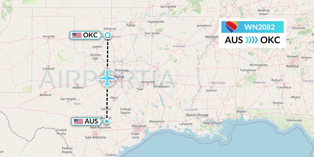 WN2082 Southwest Airlines Flight Map: Austin to Oklahoma City