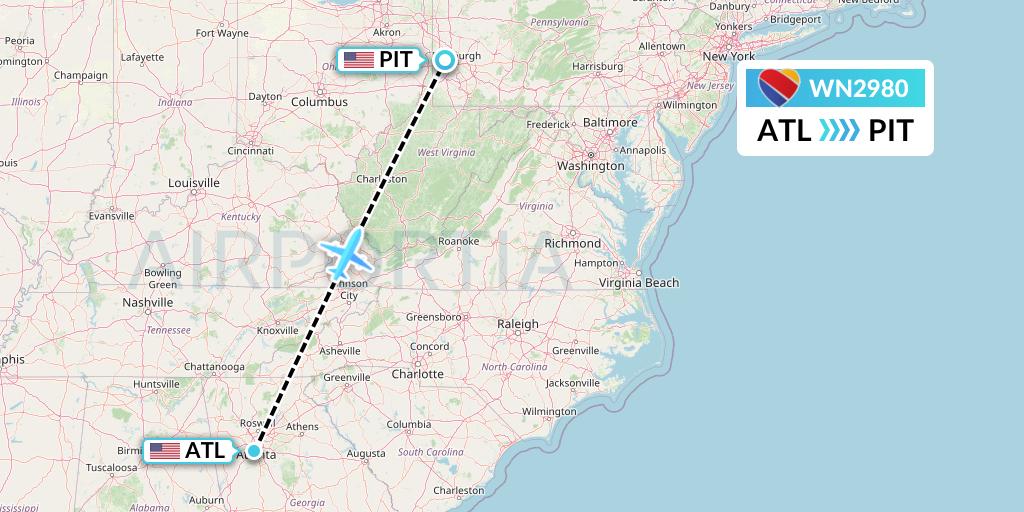 WN2980 Southwest Airlines Flight Map: Atlanta to Pittsburgh