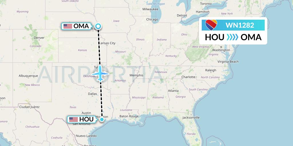 WN1282 Southwest Airlines Flight Map: Houston to Omaha