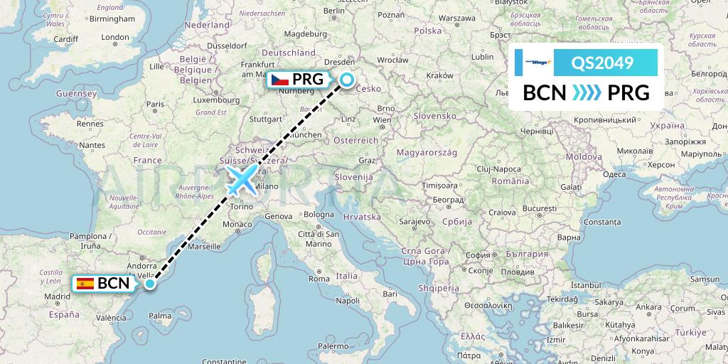 QS2049 Smartwings Flight Map: Barcelona to Prague