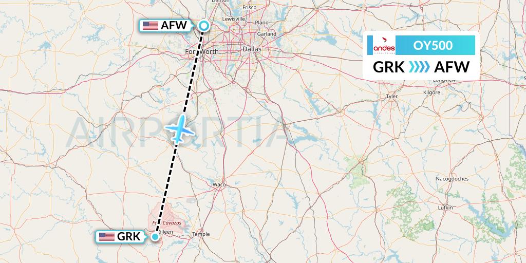 OY500 Omni Air International Flight Map: Killeen to Fort Worth