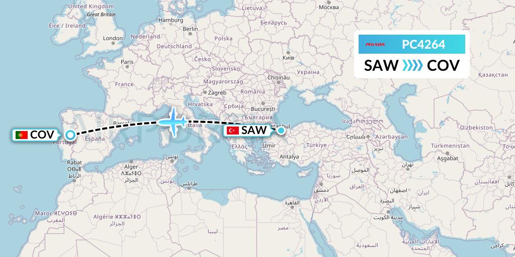 PC4264 Pegasus Airlines Flight Map: Istanbul to Portugal