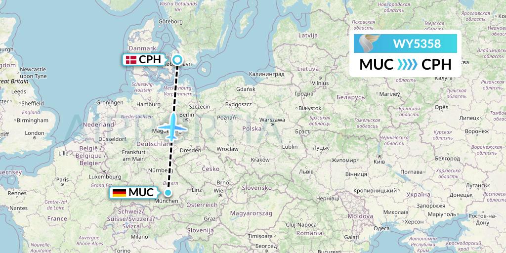WY5358 Oman Air Flight Map: Munich to Copenhagen