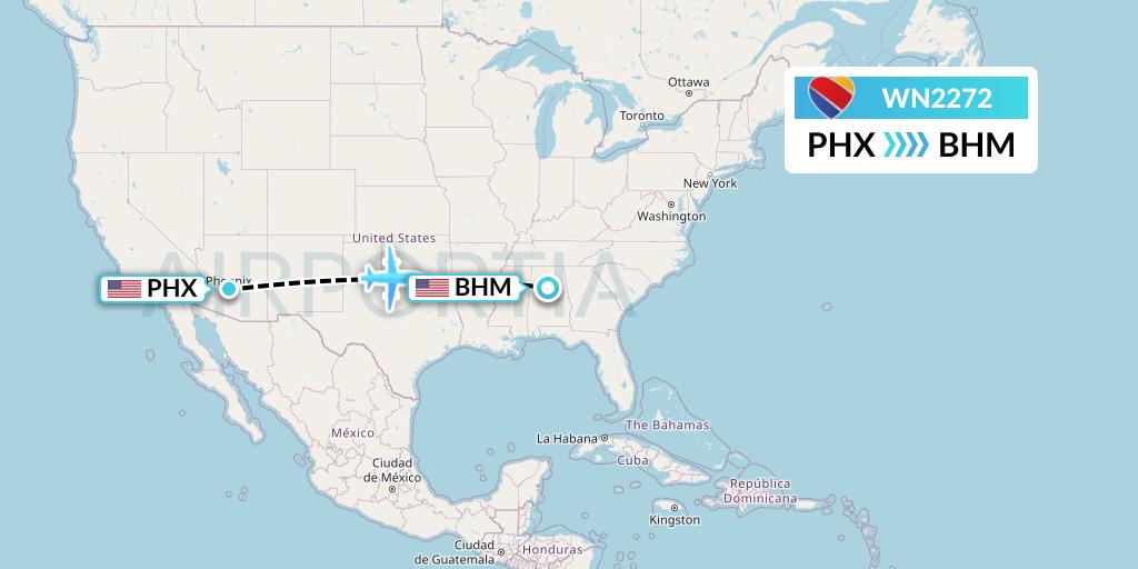 WN2272 Southwest Airlines Flight Map: Phoenix to Birmingham