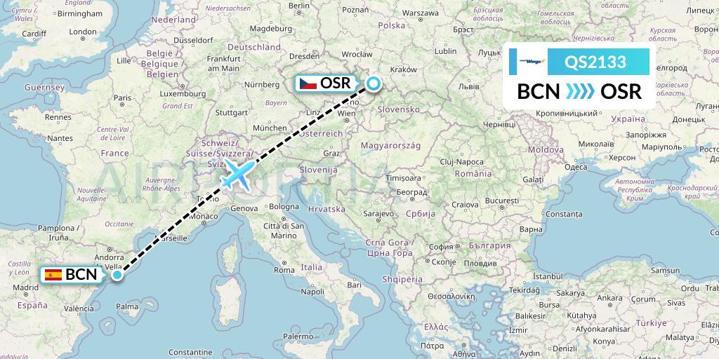 QS2133 Smartwings Flight Map: Barcelona to Ostrava