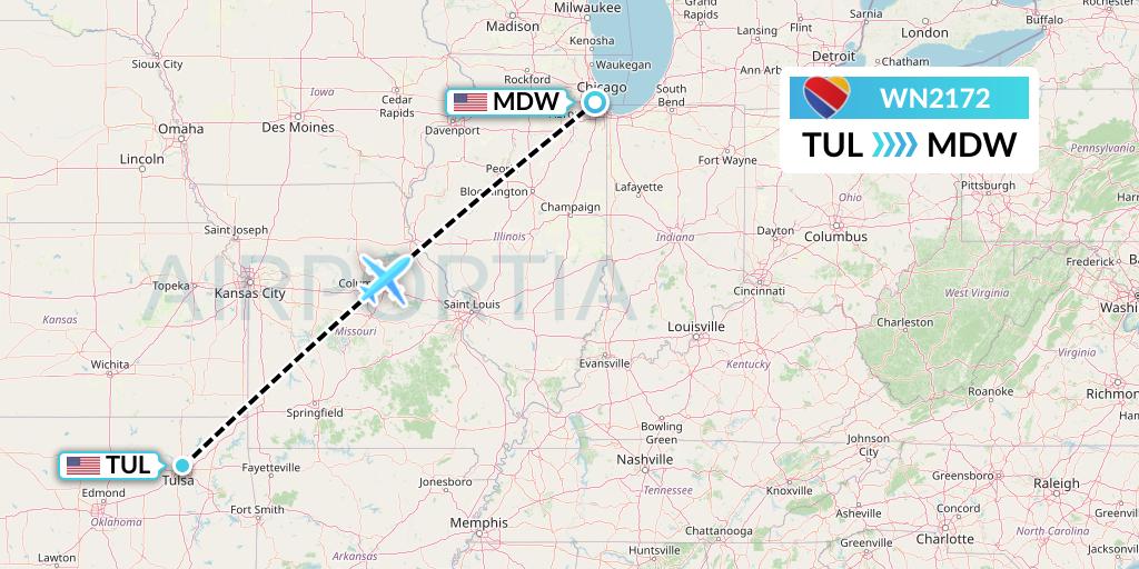 WN2172 Southwest Airlines Flight Map: Tulsa to Chicago