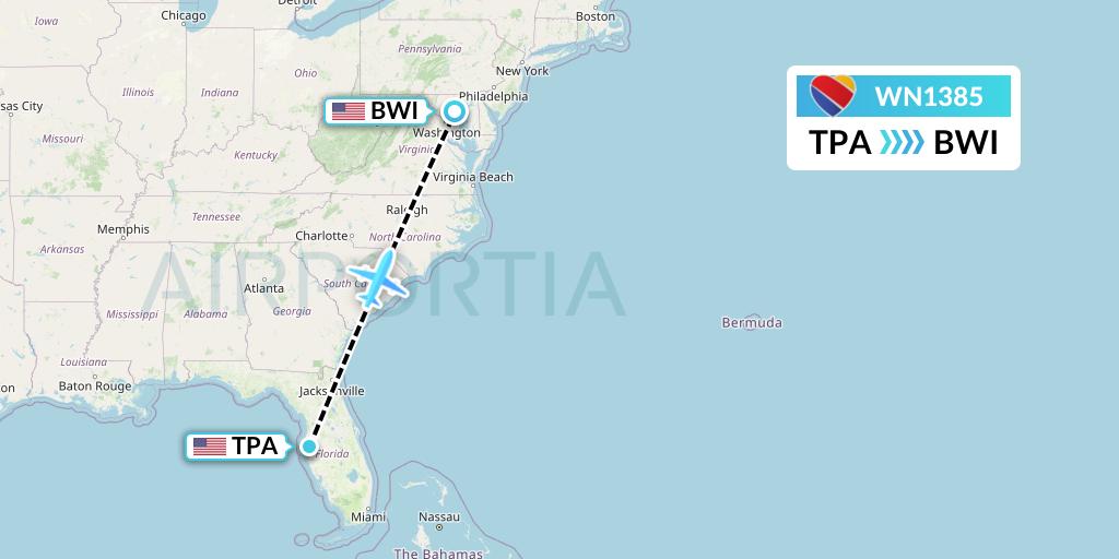WN1385 Southwest Airlines Flight Map: Tampa to Baltimore