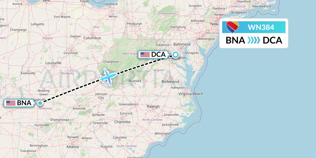WN384 Southwest Airlines Flight Map: Nashville to Washington