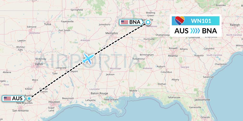 WN101 Southwest Airlines Flight Map: Austin to Nashville
