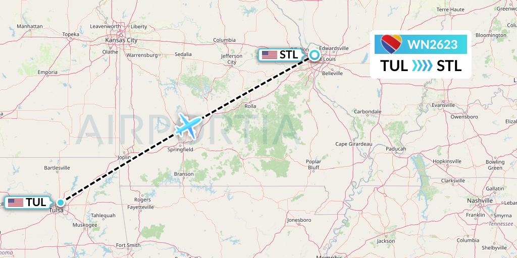 WN2623 Southwest Airlines Flight Map: Tulsa to St. Louis