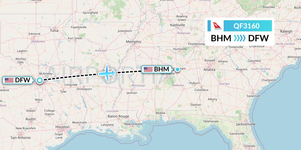 QF3160 Qantas Flight Map: Birmingham to Dallas