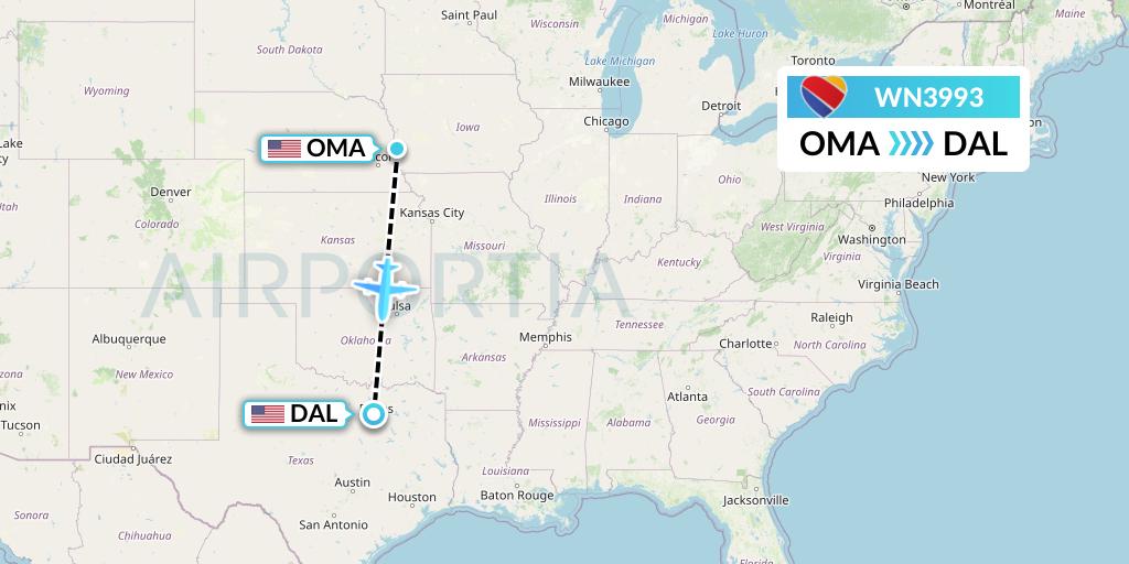 WN3993 Southwest Airlines Flight Map: Omaha to Dallas