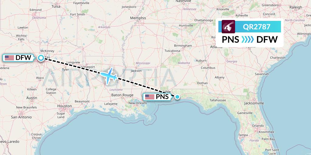 QR2787 Qatar Airways Flight Map: Pensacola to Dallas