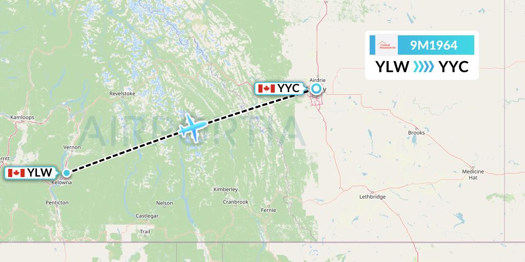 9M1964 Central Mountain Air Flight Map: Kelowna to Calgary