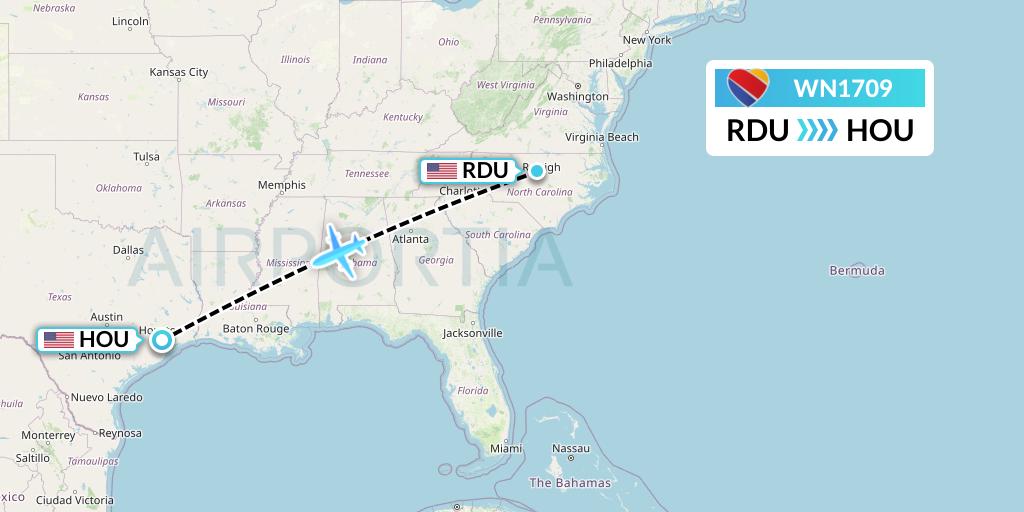 WN1709 Southwest Airlines Flight Map: Raleigh-Durham to Houston