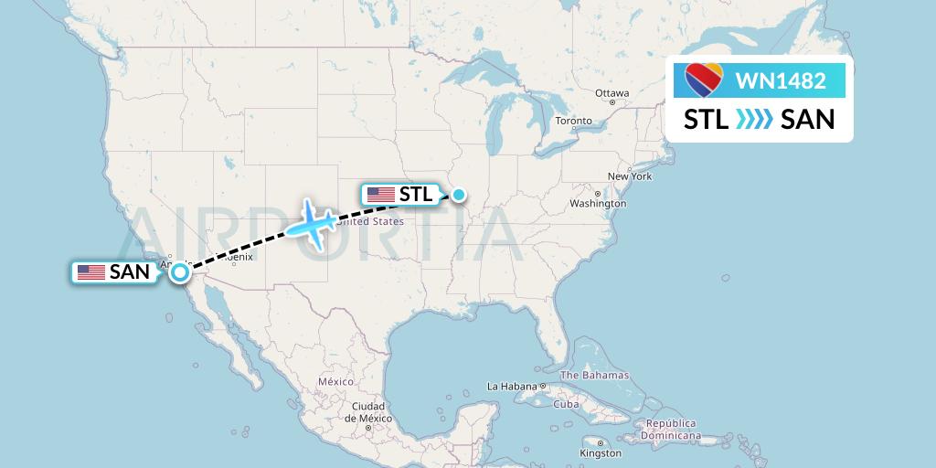 WN1482 Southwest Airlines Flight Map: St. Louis to San Diego