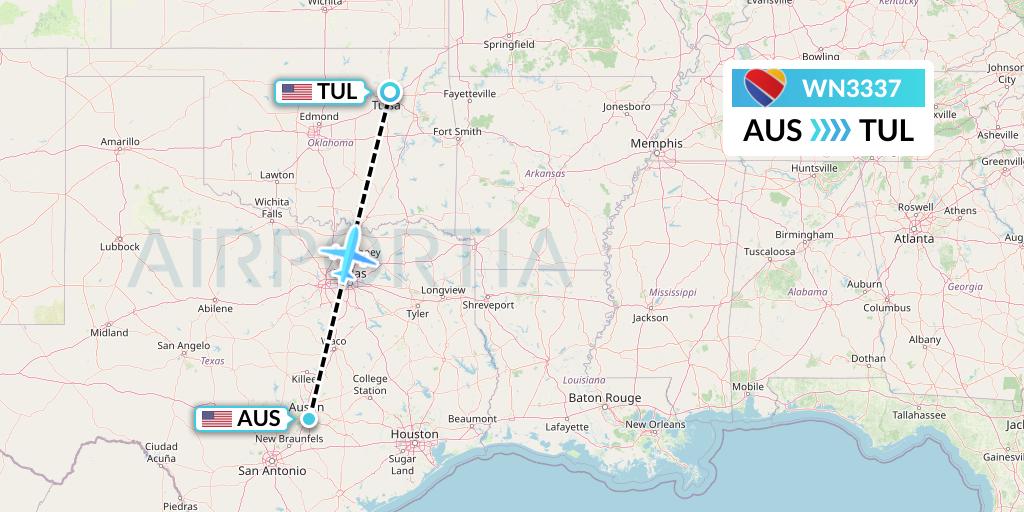 WN3337 Southwest Airlines Flight Map: Austin to Tulsa