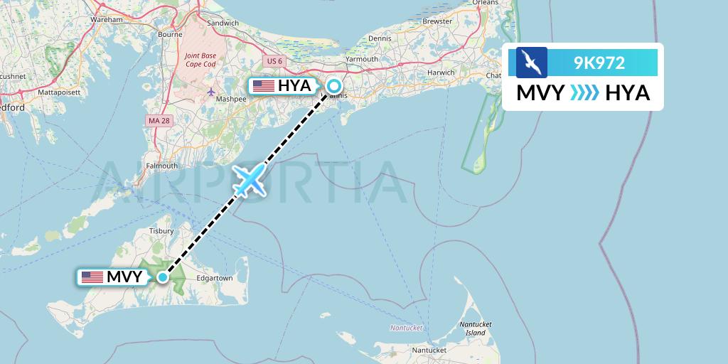 9K972 Cape Air Flight Map: Martha's Vineyard to Hyannis