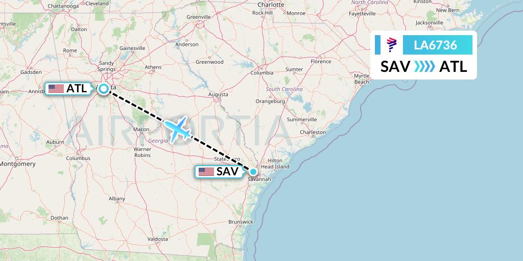 LA6736 LAN Airlines Flight Map: Savannah to Atlanta