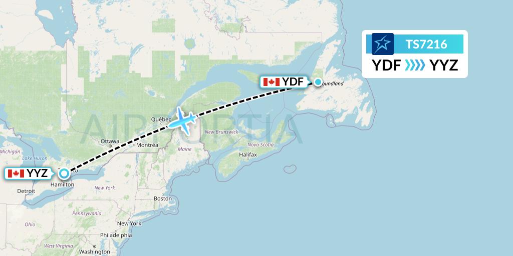 TS7216 Air Transat Flight Map: Deer Lake to Toronto