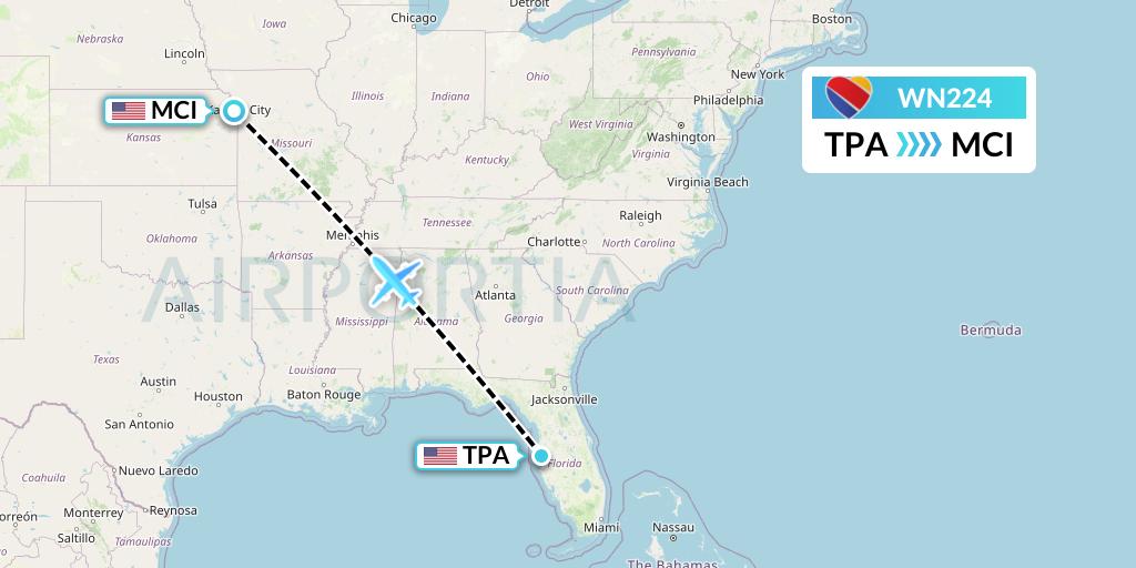 WN224 Southwest Airlines Flight Map: Tampa to Kansas City