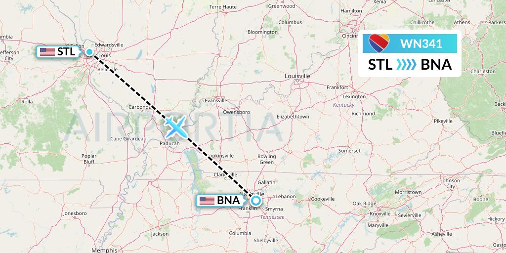 WN341 Southwest Airlines Flight Map: St. Louis to Nashville