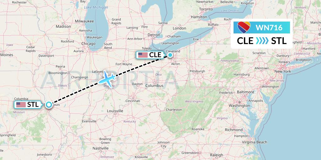 WN716 Southwest Airlines Flight Map: Cleveland to St. Louis