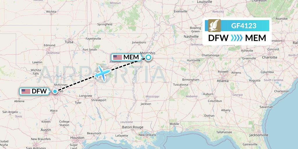 GF4123 Gulf Air Flight Map: Dallas to Memphis