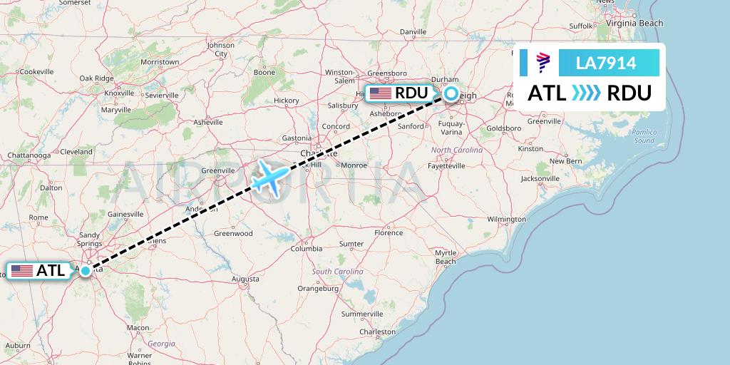 LA7914 LAN Airlines Flight Map: Atlanta to Raleigh-Durham