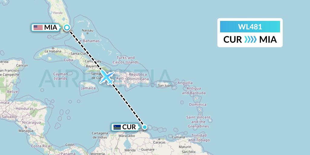 WL481 World Atlantic Airlines Flight Map: Willemstad to Miami
