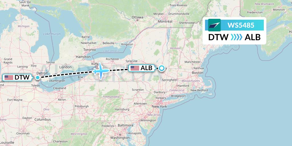 WS5485 WestJet Flight Map: Detroit to Albany