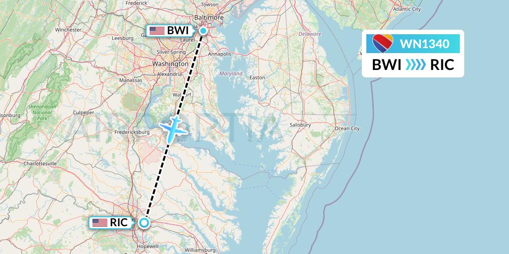 WN1340 Southwest Airlines Flight Map: Baltimore to Richmond