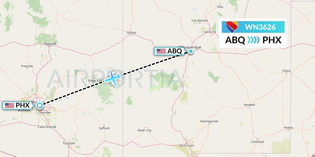 WN3626 Southwest Airlines Flight Map: Albuquerque to Phoenix