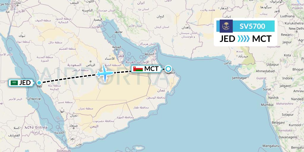 SV5700 Saudi Arabian Airlines Flight Map: Jeddah to Muscat
