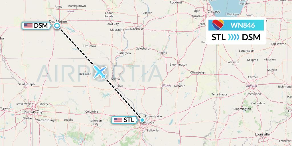 WN846 Southwest Airlines Flight Map: St. Louis to Des Moines