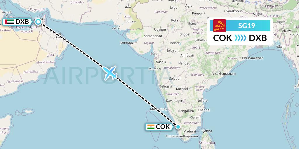 SG19 SpiceJet Flight Map: Cochin to Dubai