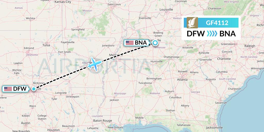 GF4112 Gulf Air Flight Map: Dallas to Nashville