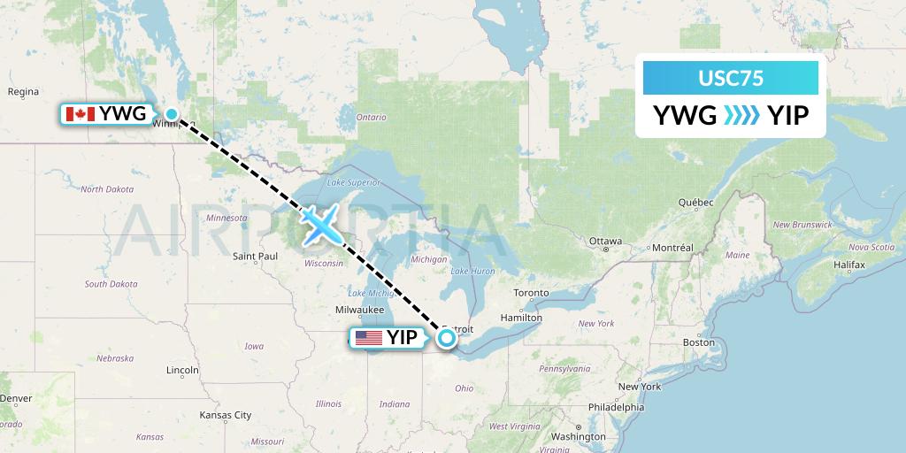 USC75 Airnet Express Flight Map: Winnipeg to Detroit