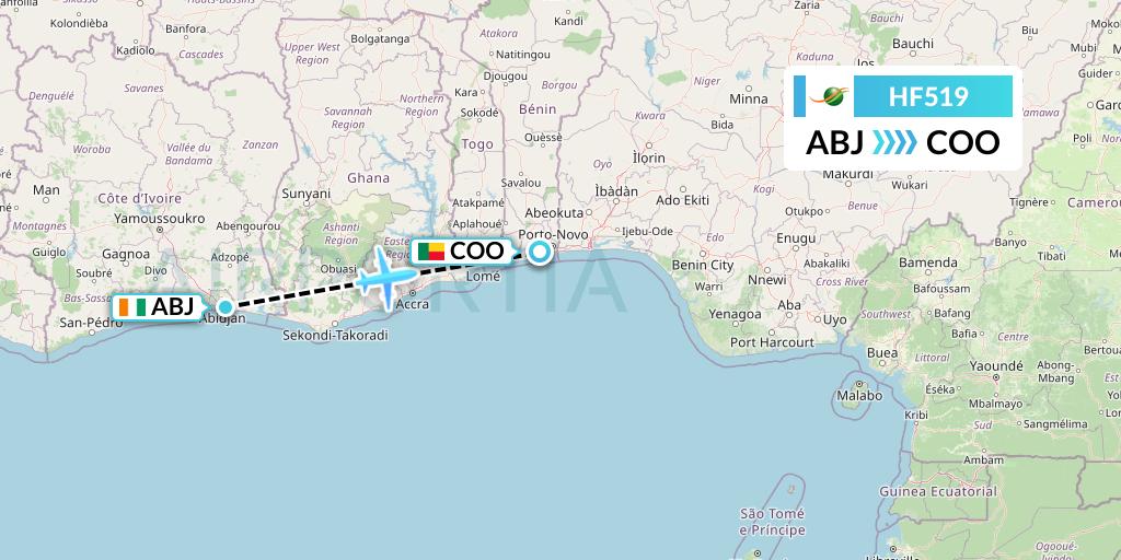 HF519 Air Cote d'Ivoire Flight Map: Abidjan to Cotonou