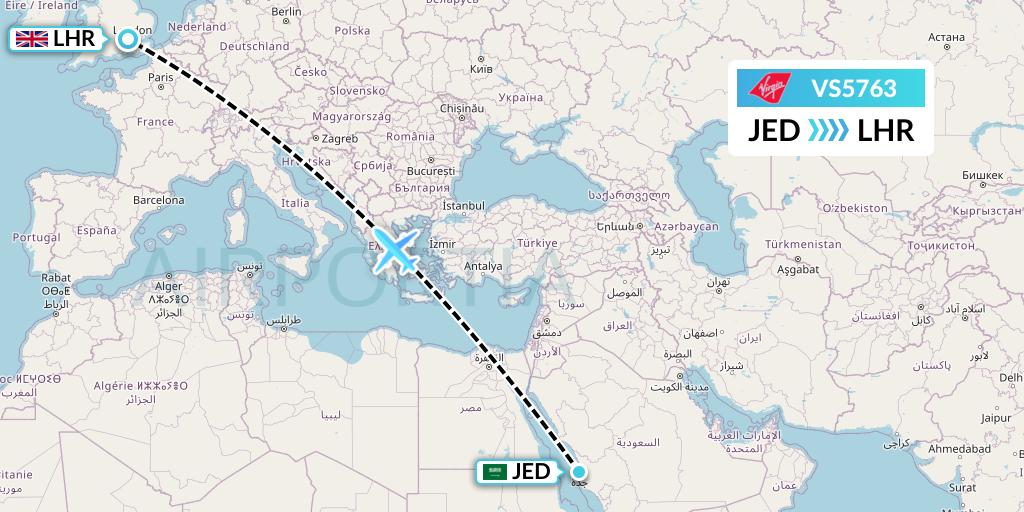 VS5763 Virgin Atlantic Airways Flight Map: Jeddah to London