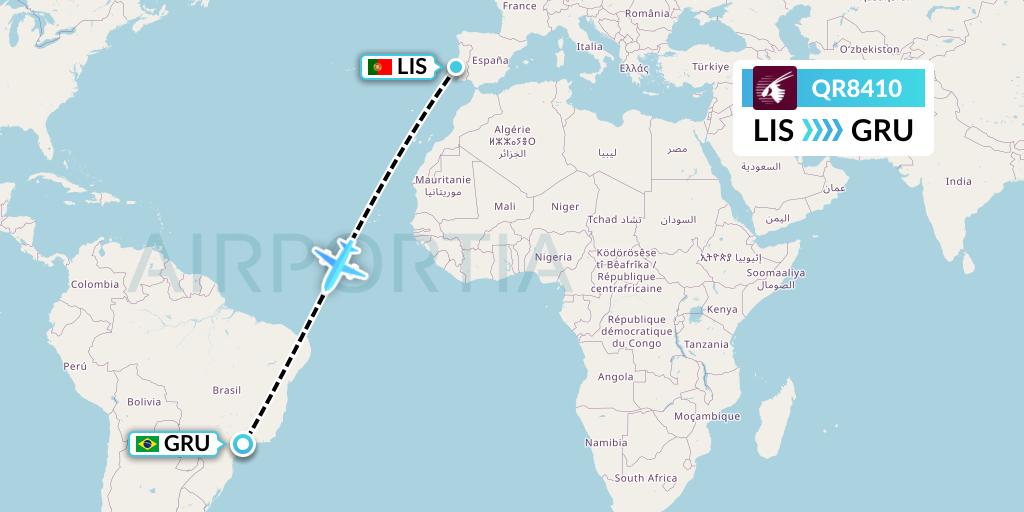 QR8410 Qatar Airways Flight Map: Lisbon to Sao Paulo