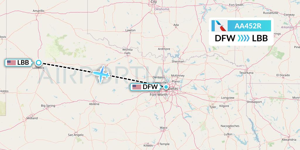 AA452R American Airlines Flight Map: Dallas to Lubbock
