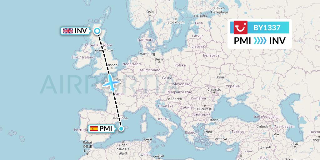 BY1337 TUI Airways Flight Map: Palma de Mallorca to Inverness