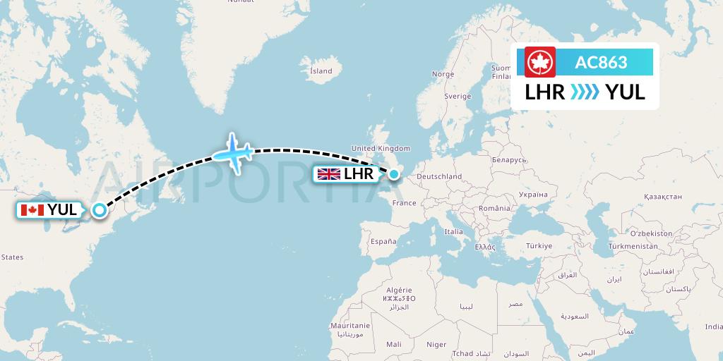 AC863 Air Canada Flight Map: London to Montreal