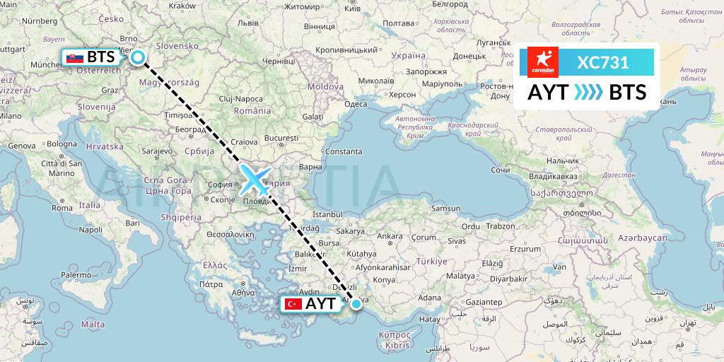 XC731 Corendon Airlines Flight Map: Antalya to Bratislava