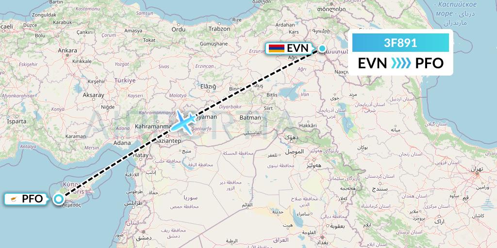 3F891 Flyone Armenia Flight Map: Yerevan to Pafos