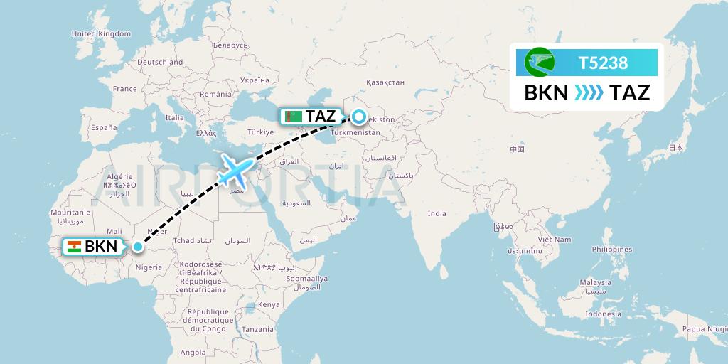 T5238 Turkmenistan Airlines Flight Map: Birni Nkoni to Dasoguz
