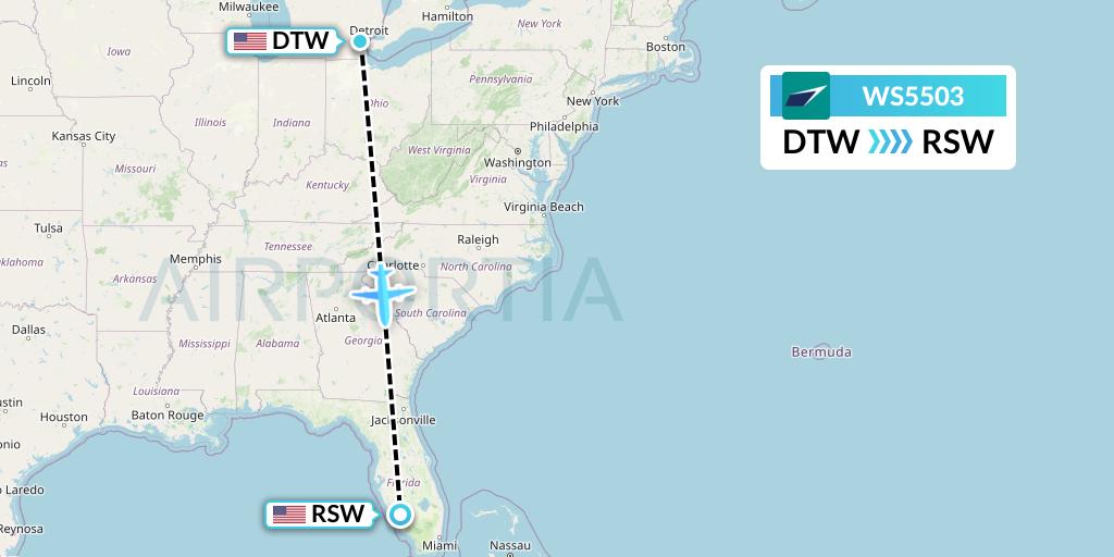 WS5503 WestJet Flight Map: Detroit to Fort Myers