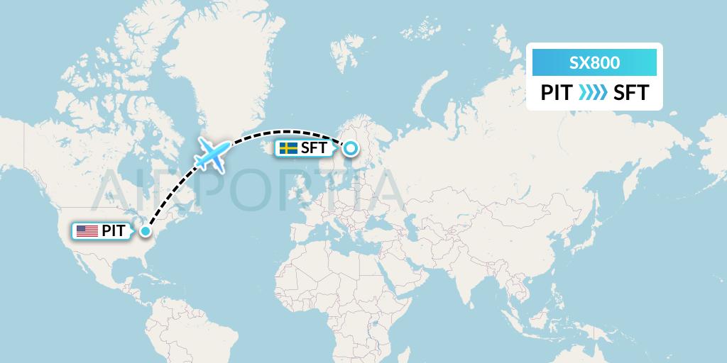 SX800 Flygta Airlines Flight Map: Pittsburgh to Skelleftea