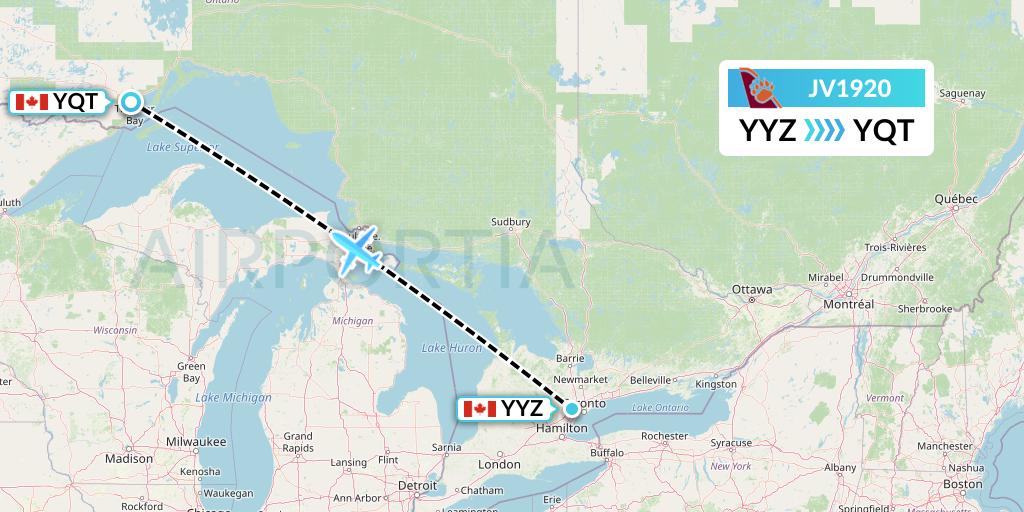 JV1920 Bearskin Airlines Flight Map: Toronto to Thunder Bay
